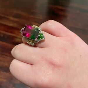 Emerald cut watermelon quartz ring